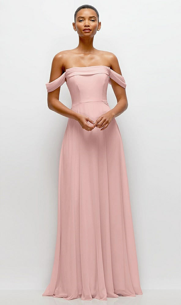 Front View - Rose - PANTONE Rose Quartz Off-the-Shoulder Draped Neckline Maxi Dress