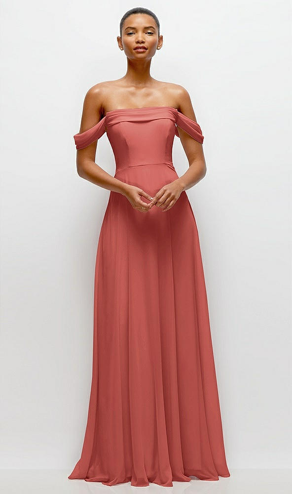 Front View - Coral Pink Off-the-Shoulder Draped Neckline Maxi Dress