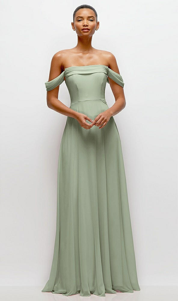 Front View - Sage Off-the-Shoulder Draped Neckline Maxi Dress