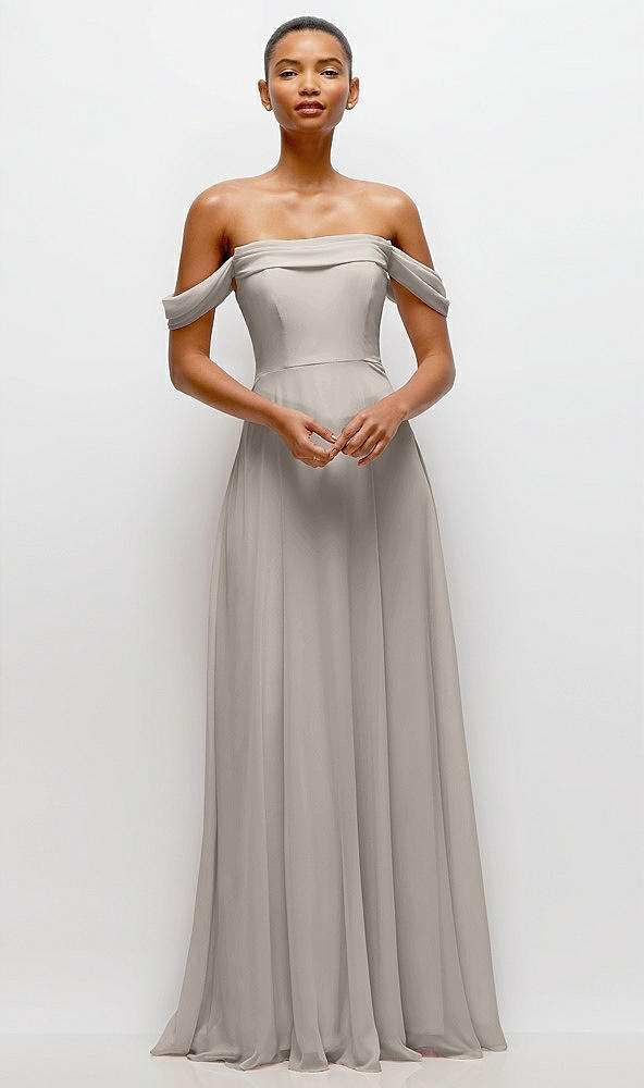 Front View - Taupe Off-the-Shoulder Draped Neckline Maxi Dress