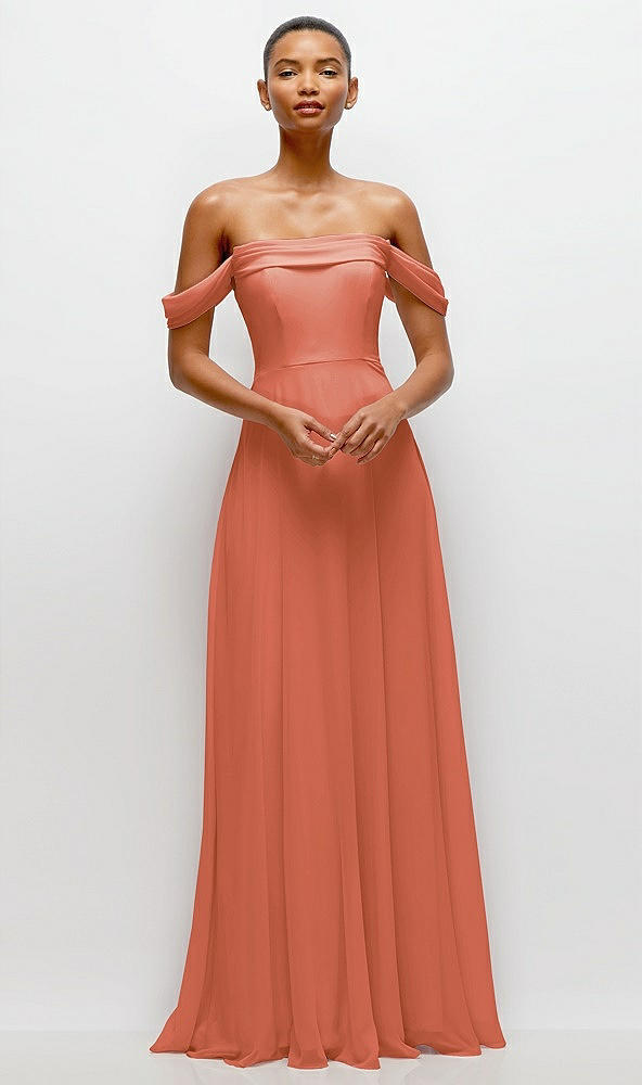 Front View - Terracotta Copper Off-the-Shoulder Draped Neckline Maxi Dress