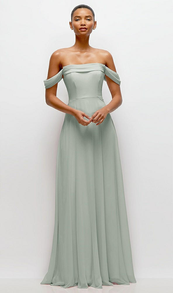 Front View - Willow Green Off-the-Shoulder Draped Neckline Maxi Dress