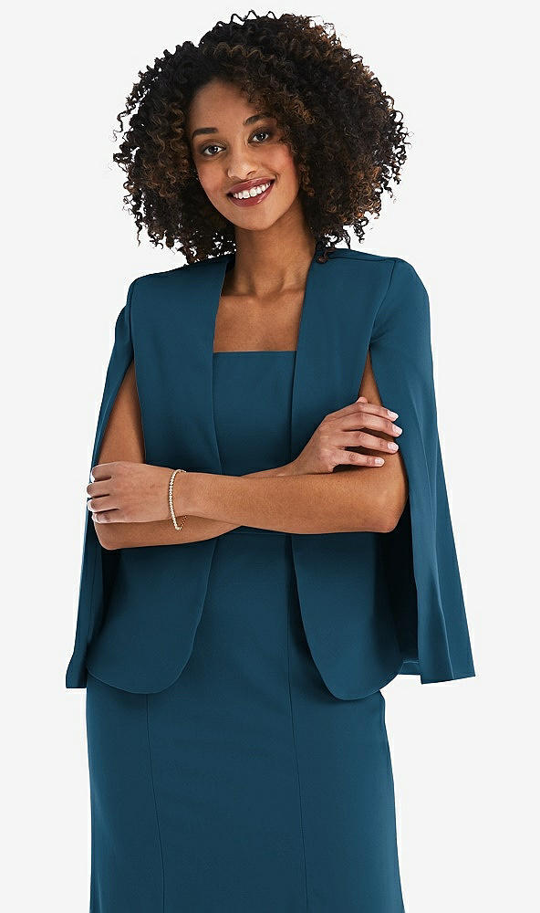 Front View - Atlantic Blue Open-Front Split Sleeve Cape Jacket