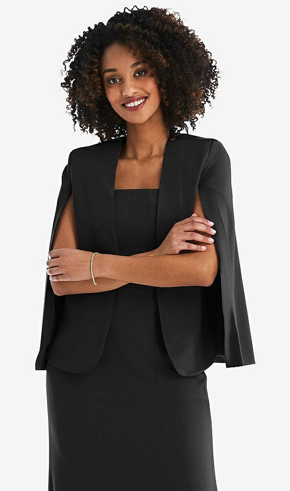 Front View - Black Open-Front Split Sleeve Cape Jacket