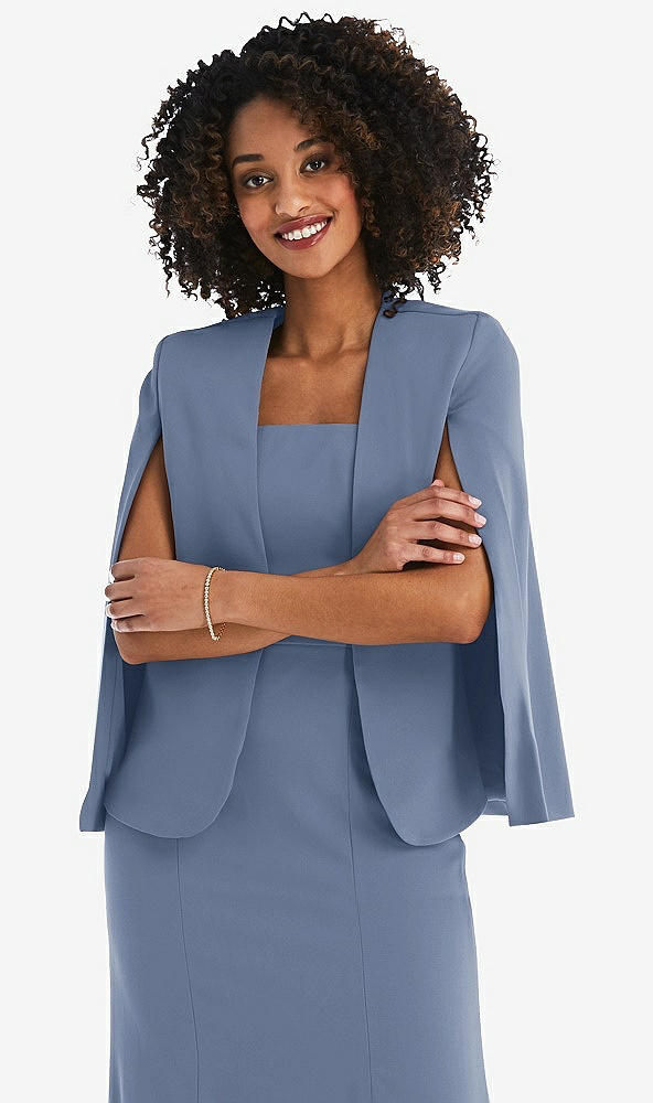 Front View - Larkspur Blue Open-Front Split Sleeve Cape Jacket