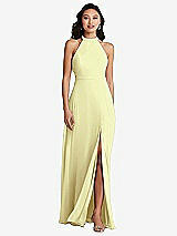 Rear View Thumbnail - Butter Yellow Stand Collar Halter Maxi Dress with Criss Cross Open-Back