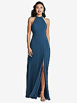 Rear View Thumbnail - Dusk Blue Stand Collar Halter Maxi Dress with Criss Cross Open-Back