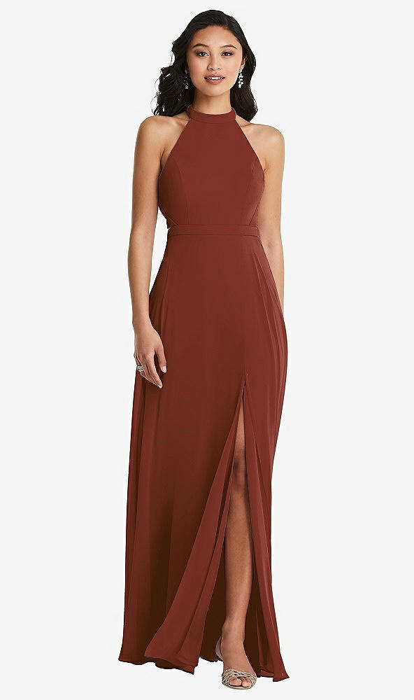 Back View - Auburn Moon Stand Collar Halter Maxi Dress with Criss Cross Open-Back