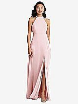 Rear View Thumbnail - Ballet Pink Stand Collar Halter Maxi Dress with Criss Cross Open-Back