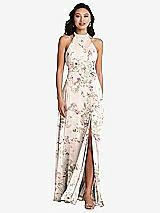 Rear View Thumbnail - Blush Garden Stand Collar Halter Maxi Dress with Criss Cross Open-Back