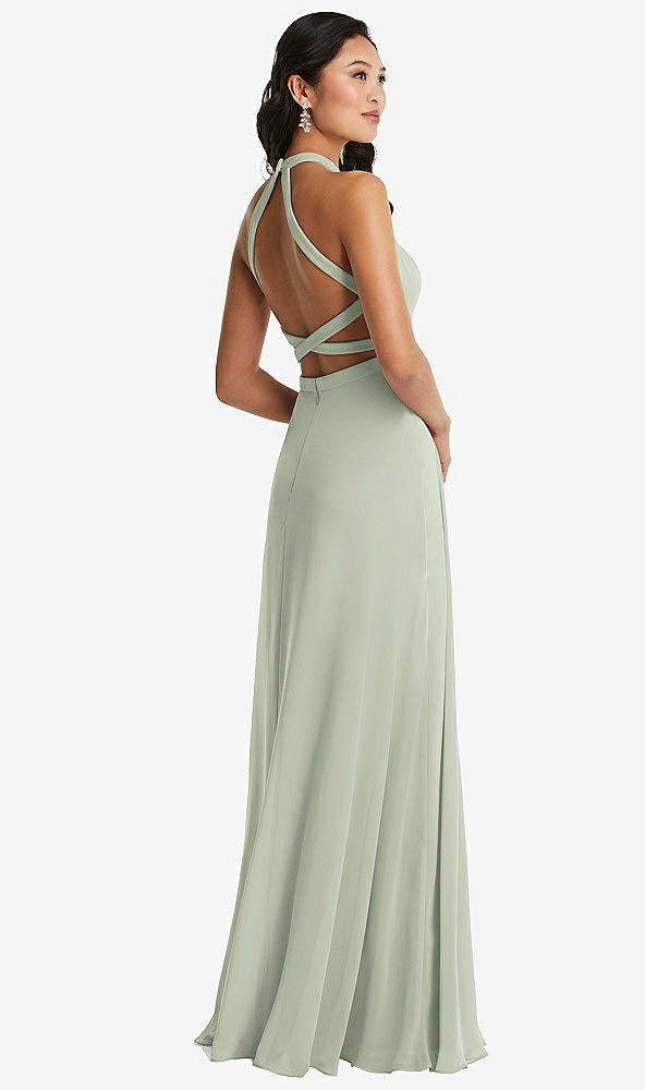 Front View - Celadon Stand Collar Halter Maxi Dress with Criss Cross Open-Back