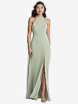 Rear View Thumbnail - Celadon Stand Collar Halter Maxi Dress with Criss Cross Open-Back