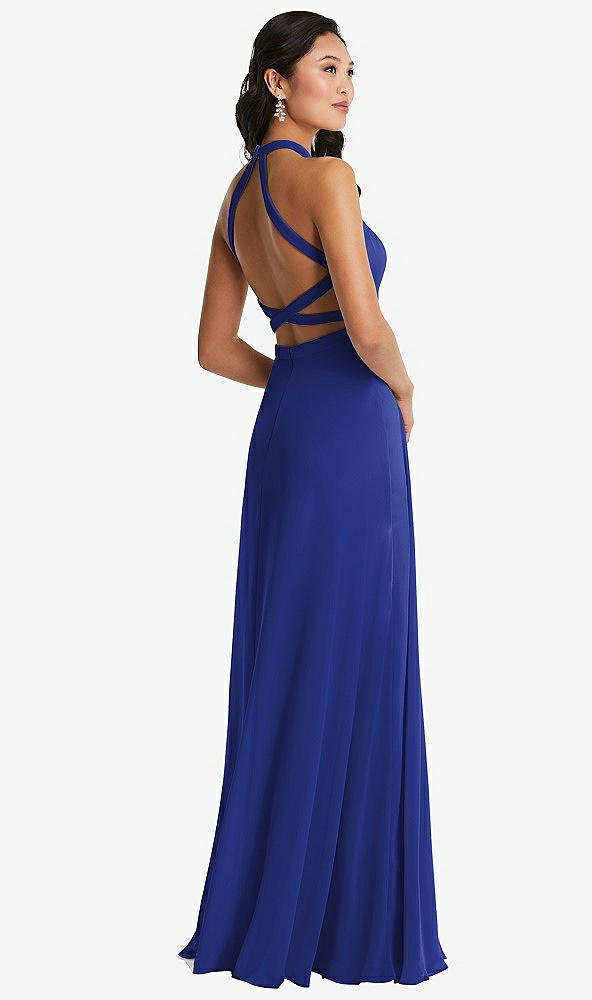 Front View - Cobalt Blue Stand Collar Halter Maxi Dress with Criss Cross Open-Back