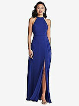 Rear View Thumbnail - Cobalt Blue Stand Collar Halter Maxi Dress with Criss Cross Open-Back