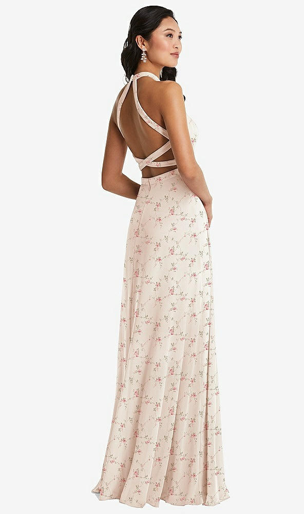 Front View - Coquette Floral Print Stand Collar Halter Maxi Dress with Criss Cross Open-Back