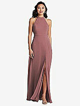 Rear View Thumbnail - Rosewood Stand Collar Halter Maxi Dress with Criss Cross Open-Back