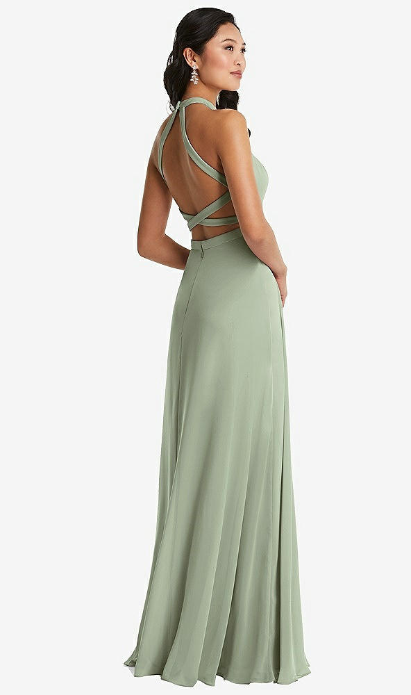 Front View - Sage Stand Collar Halter Maxi Dress with Criss Cross Open-Back