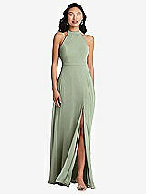 Rear View Thumbnail - Sage Stand Collar Halter Maxi Dress with Criss Cross Open-Back