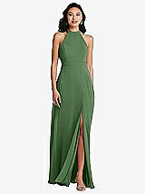 Rear View Thumbnail - Vineyard Green Stand Collar Halter Maxi Dress with Criss Cross Open-Back