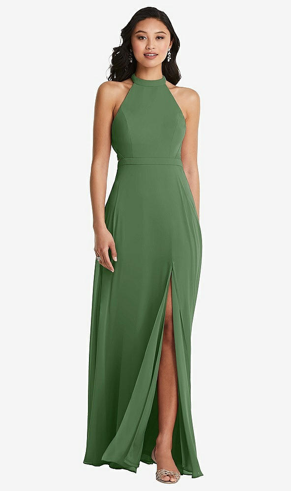 Back View - Vineyard Green Stand Collar Halter Maxi Dress with Criss Cross Open-Back