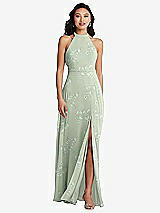 Rear View Thumbnail - Vintage Primrose Sage Stand Collar Halter Maxi Dress with Criss Cross Open-Back