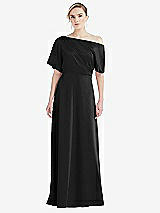 Front View Thumbnail - Black One-Shoulder Sleeved Blouson Trumpet Gown