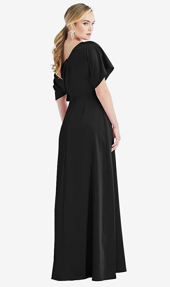 Back View - Black One-Shoulder Sleeved Blouson Trumpet Gown