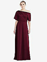 Front View Thumbnail - Cabernet One-Shoulder Sleeved Blouson Trumpet Gown