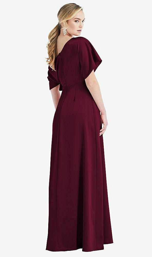 Back View - Cabernet One-Shoulder Sleeved Blouson Trumpet Gown