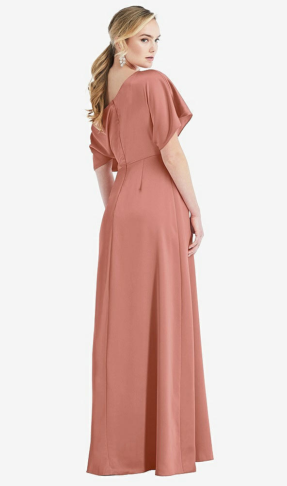 Back View - Desert Rose One-Shoulder Sleeved Blouson Trumpet Gown