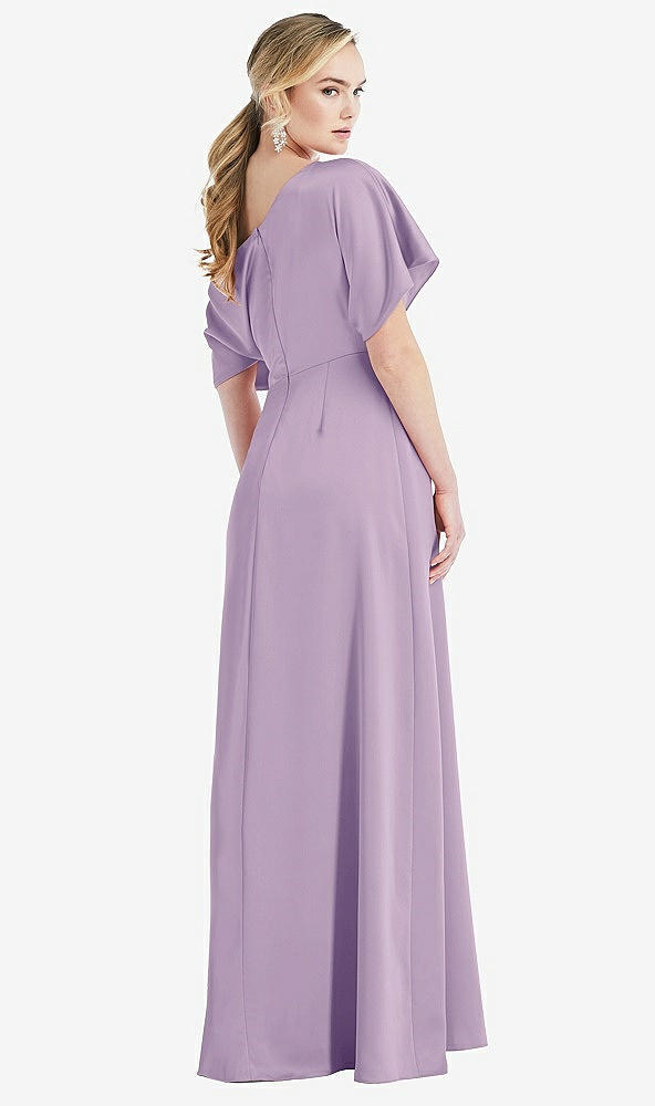 Back View - Pale Purple One-Shoulder Sleeved Blouson Trumpet Gown