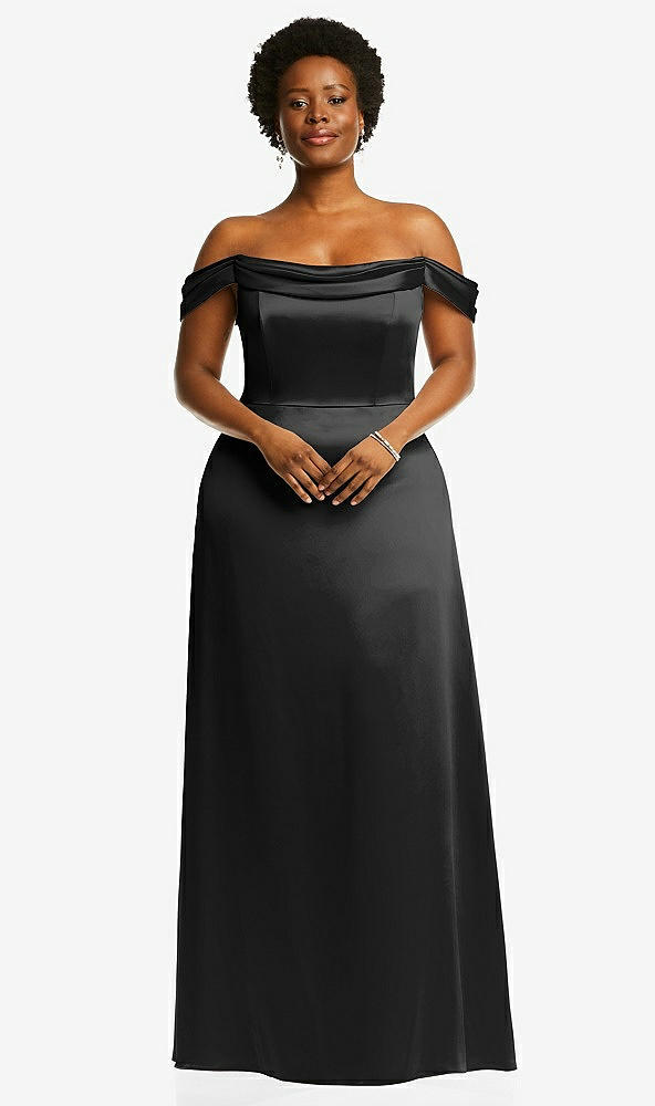 Front View - Black Draped Pleat Off-the-Shoulder Maxi Dress