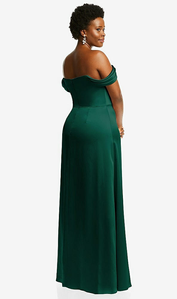 Back View - Hunter Green Draped Pleat Off-the-Shoulder Maxi Dress