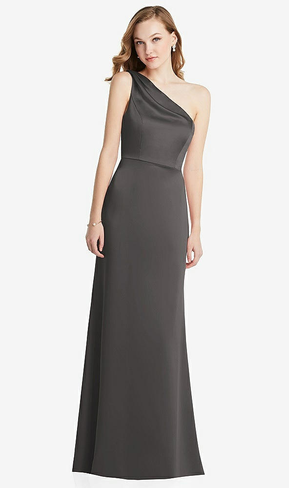 Front View - Caviar Gray Shirred One-Shoulder Satin Trumpet Dress - Maddie