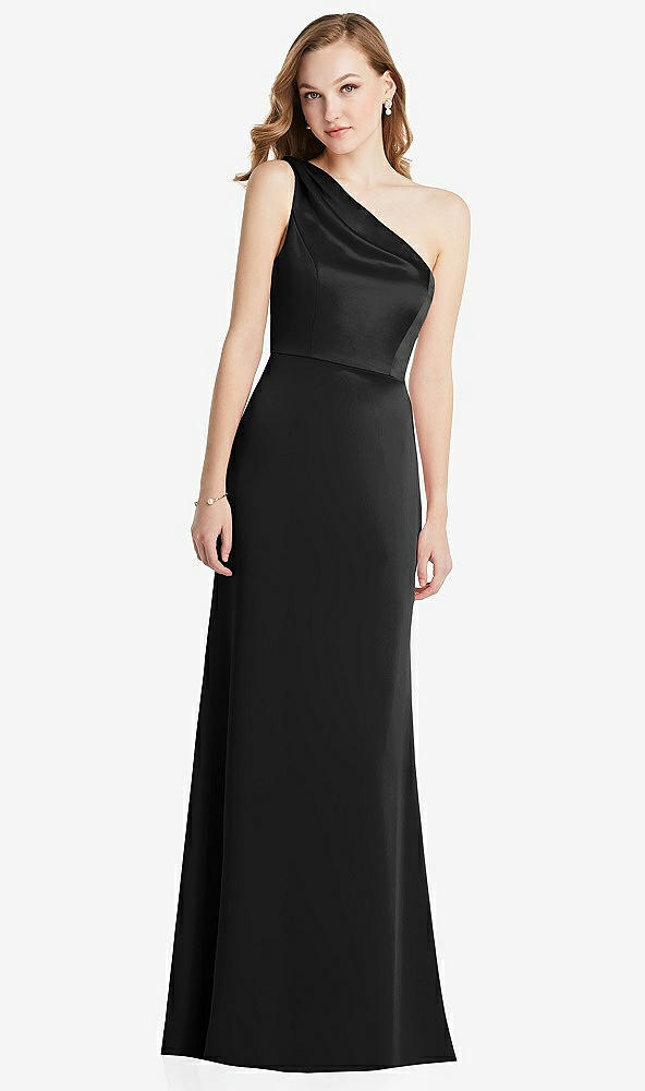 Front View - Black Shirred One-Shoulder Satin Trumpet Dress - Maddie