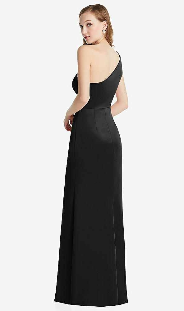 Back View - Black Shirred One-Shoulder Satin Trumpet Dress - Maddie