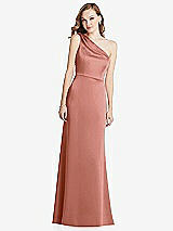 Front View Thumbnail - Desert Rose Shirred One-Shoulder Satin Trumpet Dress - Maddie