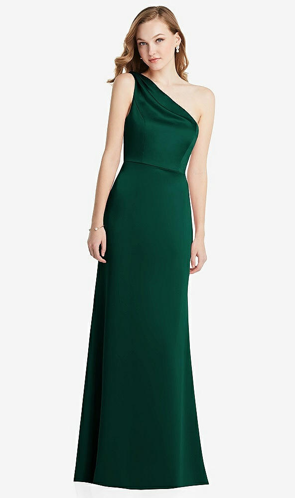 Front View - Hunter Green Shirred One-Shoulder Satin Trumpet Dress - Maddie