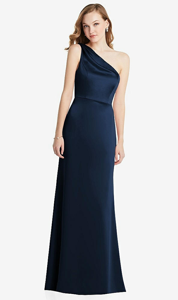 Front View - Midnight Navy Shirred One-Shoulder Satin Trumpet Dress - Maddie