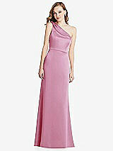 Front View Thumbnail - Powder Pink Shirred One-Shoulder Satin Trumpet Dress - Maddie