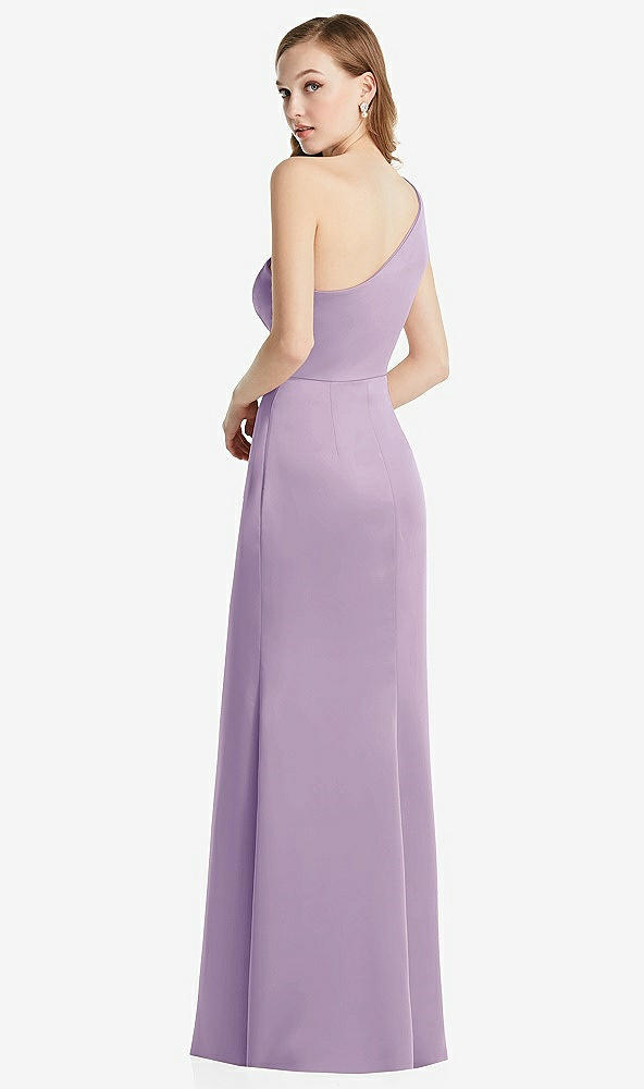 Back View - Pale Purple Shirred One-Shoulder Satin Trumpet Dress - Maddie