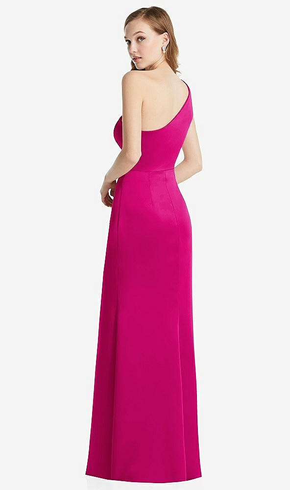 Back View - Think Pink Shirred One-Shoulder Satin Trumpet Dress - Maddie