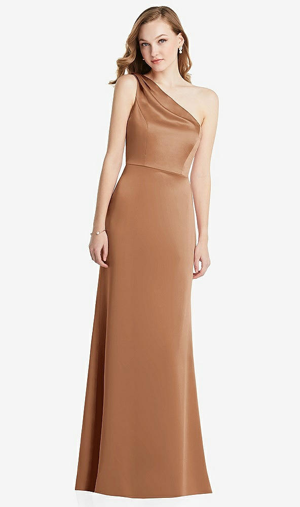 Front View - Toffee Shirred One-Shoulder Satin Trumpet Dress - Maddie