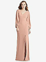 Alt View 1 Thumbnail - Pale Peach Long Puff Sleeve V-Neck Trumpet Gown