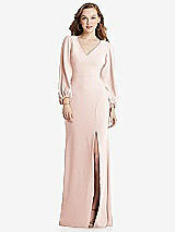 Alt View 1 Thumbnail - Blush Long Puff Sleeve V-Neck Trumpet Gown