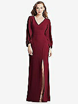 Alt View 1 Thumbnail - Burgundy Long Puff Sleeve V-Neck Trumpet Gown