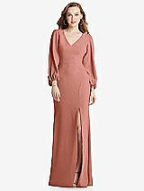 Alt View 1 Thumbnail - Desert Rose Long Puff Sleeve V-Neck Trumpet Gown