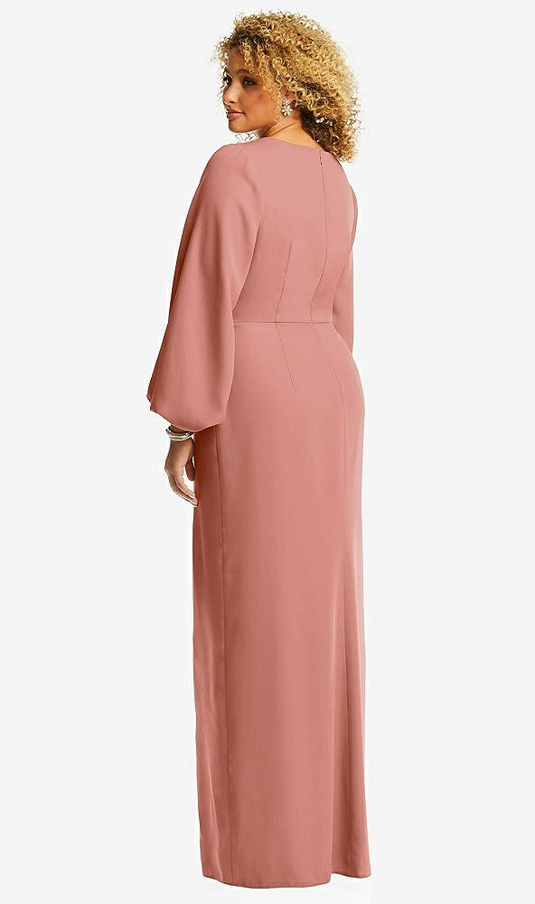 Back View - Desert Rose Long Puff Sleeve V-Neck Trumpet Gown