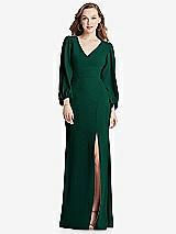 Alt View 1 Thumbnail - Hunter Green Long Puff Sleeve V-Neck Trumpet Gown