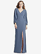 Alt View 1 Thumbnail - Larkspur Blue Long Puff Sleeve V-Neck Trumpet Gown